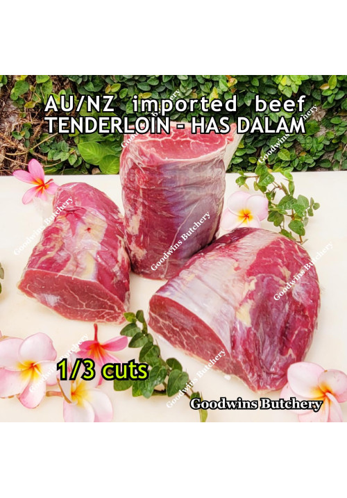 Beef Tenderloin frozen Australia (A) BUDGET wellington 1/3 cuts 0.8-1.2 kg/pc price/kg (eye fillet mignon daging sapi has dalam) brand NOLAN / McPHEE / CAG